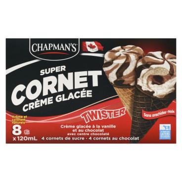 Chapman's Super cornets de crème glacée Twister vanille et chocolat avec centre chocolaté 8x120ml