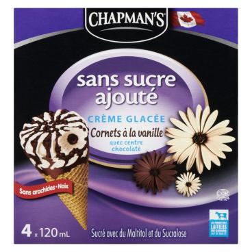Chapman's Cornets à la vanille sans sucre ajouté avec centre chocolaté 4x120ml