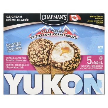 Chapman's Grizzli Cone Vanilla Almonds & Chocolate Milk Ice Cream Ball Top Cones 5x140ml