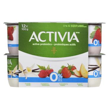 Activia Vanilla Raspberry Strawberry And Peach Probiotic Yogurt 0% M.F. 12x100g