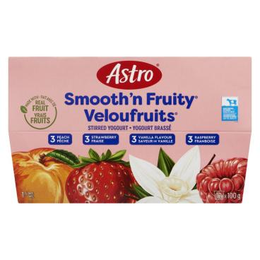 Astro Peach, Vanilla, Strawberry, Raspberry Stirred Yogourt 1% M.F. 12x100g