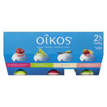 Oîkos Raspberry Pomegranate / Key Lime / Vanilla / Strawberry Banana Greek Yogurt 2% M.F. 12x100g