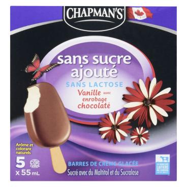 Chapman's Barres de crème glacée sans sucre ajouté sans lactose vanille avec enrobage chocolaté 5x55ml