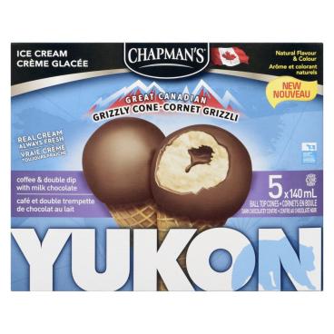 Chapman's Yukon Grizzly Cone Coffee Ice Cream, Double Dip Milk Chocolate Ice Cream Cones 5x140ml