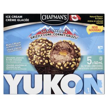 Chapman's Yukon Grizzly Cone Chocolate, Peanut Butter, Peanuts & Milk Chocolate Ice Cream Cones 5x140ml