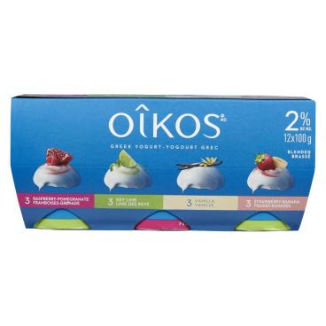 Oîkos Raspberry Pomegranate / Key Lime / Vanilla / Strawberry Banana Greek Yogurt 2% M.F. 12x100g