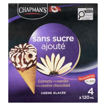 Chapman's Cornets à la vanille sans sucre ajouté avec centre chocolaté 4x120ml