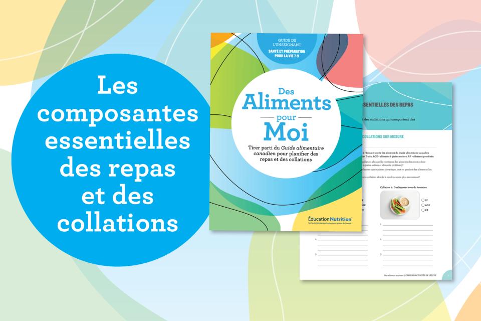 Une image colorée qui comporte la mention « Les composantes essentielles des repas et des collations » et qui montre la couverture du guide de l’enseignant et une image d’une fiche d’activité.
