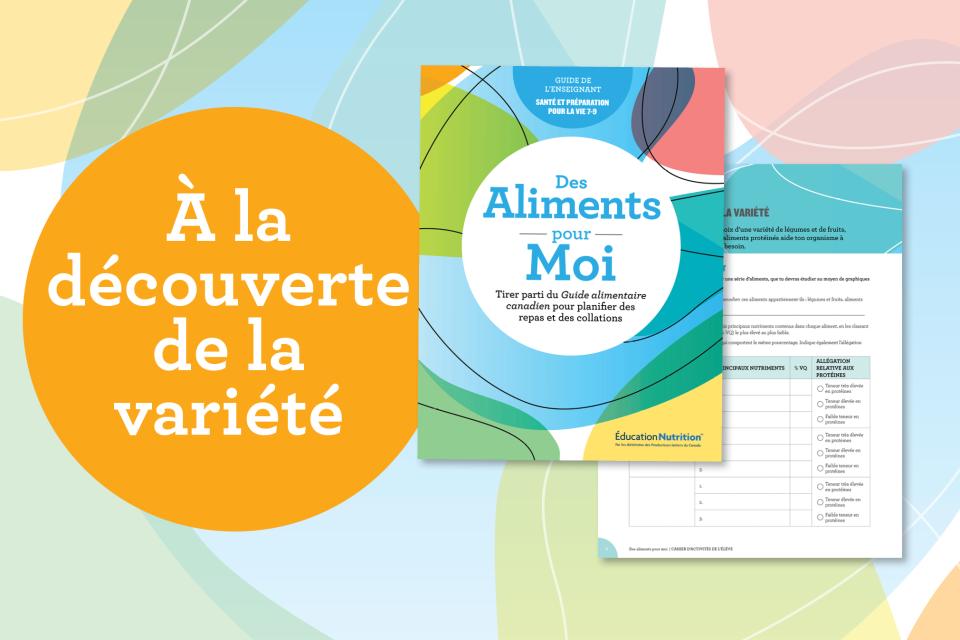 Une image colorée qui comporte la mention « À la découverte de la variété » et qui montre la couverture du guide de l’enseignant et une image d’une fiche d’activité.