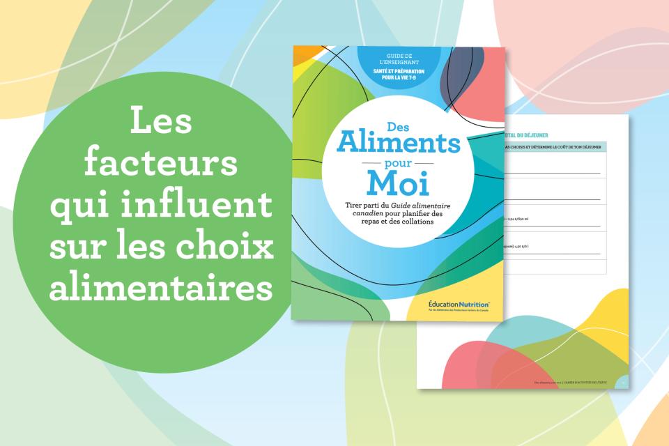 Une image colorée qui comporte la mention « Les facteurs qui influent sur les choix alimentaires » et qui montre la couverture du guide de l’enseignant et une image d’une fiche d’activité