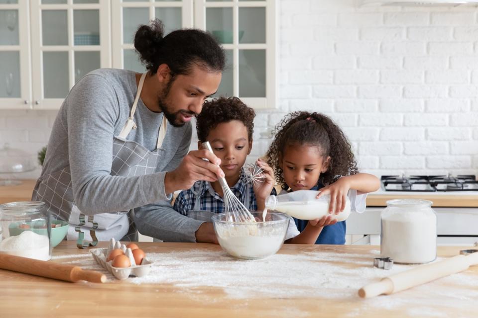 A family baking with milk
