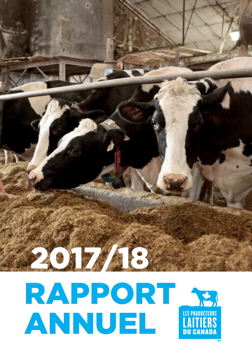 Page couverture du rapport annuel 2017-2018 qui montre des vaches dans l'étables en train de manger