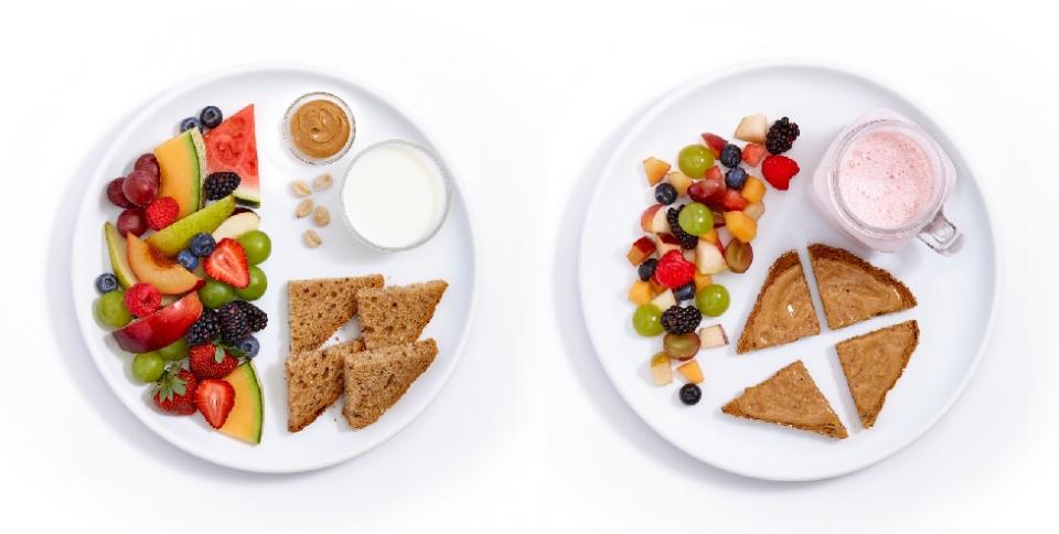 Two plates side by side. Once has ingredients for a breakfast separated to mirror the CFG Plate. The second plate has a completed breakfast with toast, fruit salad, and a smoothie.