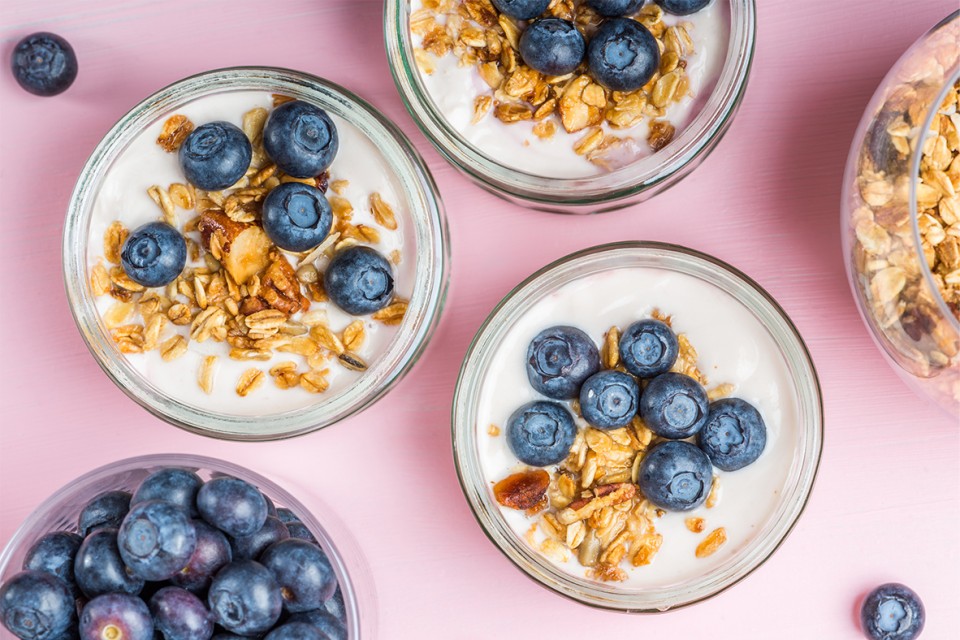 Granola with milk and blueberries