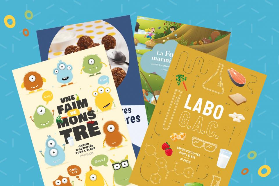 Les pages couverture des cahiers d'activités gratuits pour le préscolaire et primaire sur le guide alimentaire canadien