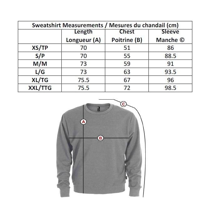 Crewneck sweatshirt size chart