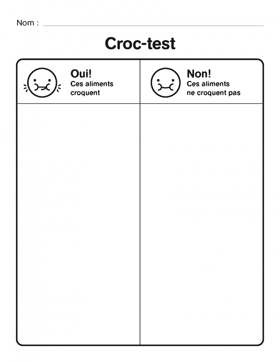 Image of a worksheet. One side for foods that crunch and one side for foods that do not crunch