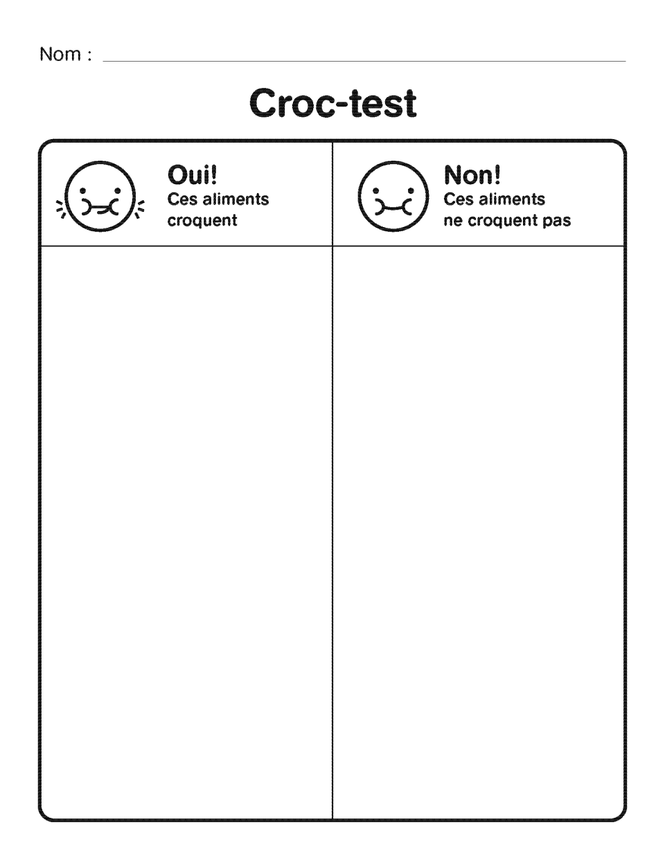 Image of a worksheet. One side for foods that crunch and one side for foods that do not crunch