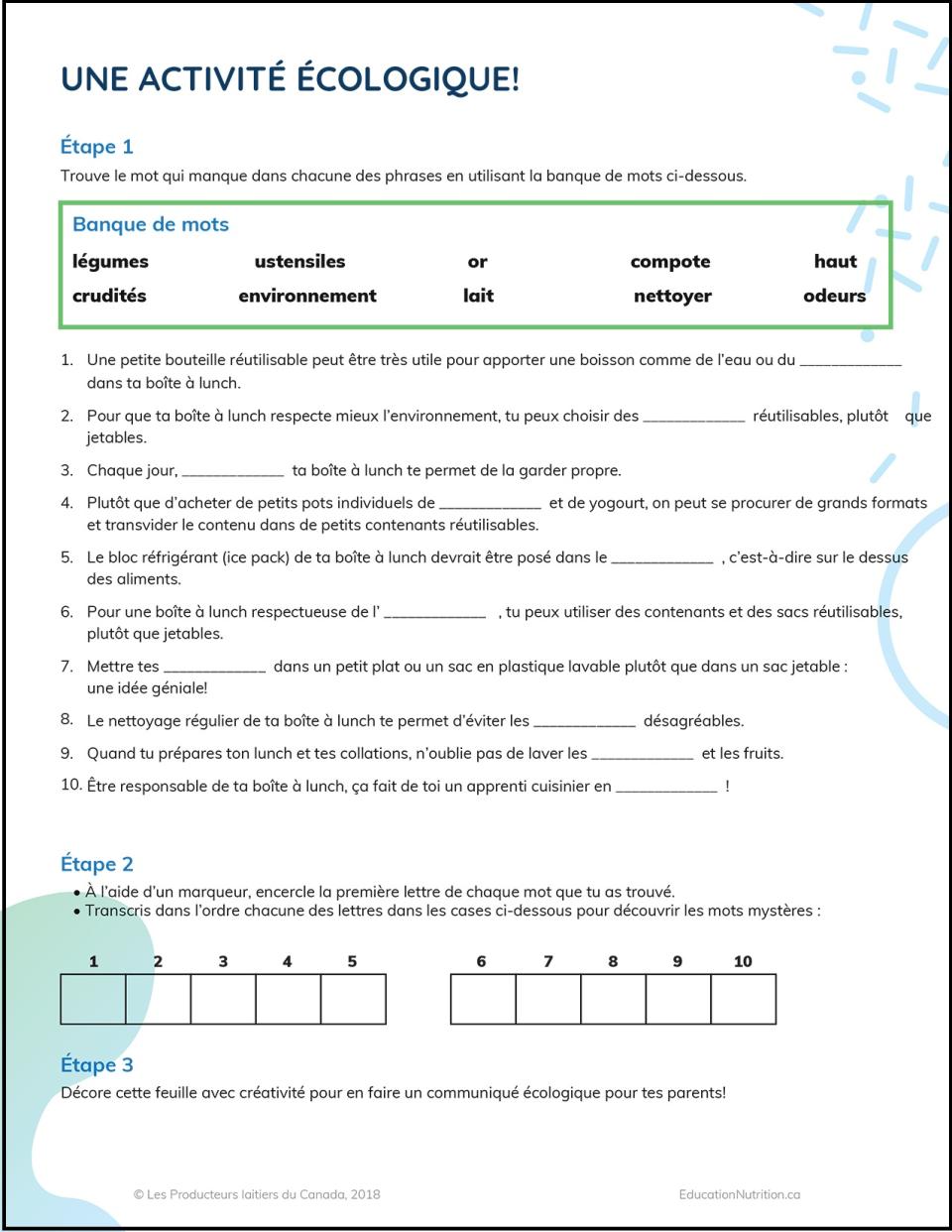 Feuille de l'élève Une activité écologique!