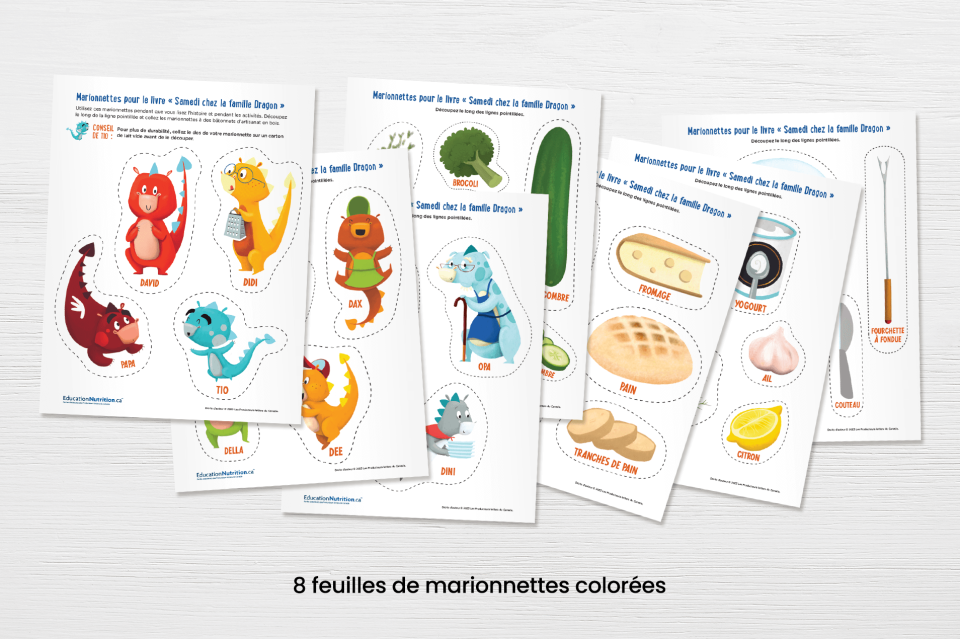 8 feuilles de marionnettes colorées.