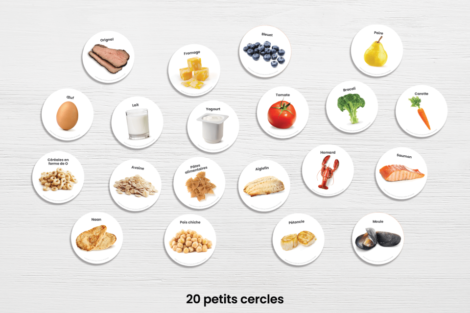 20 petits cercles. Jeu d'association sur les aliments.