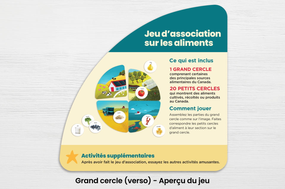 Recto du grand cercle montrant l’aperçu du jeu. Jeu d'association sur les aliments.