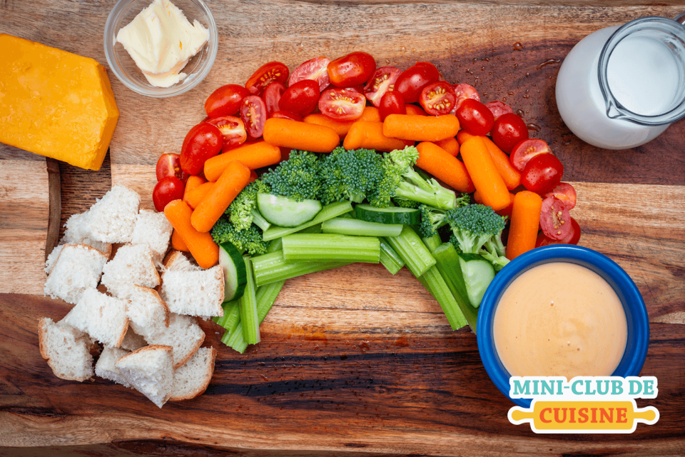 Sauce au fromage dans un bol servi avec du pain et des légumes crus sur une planche à découper en bois
