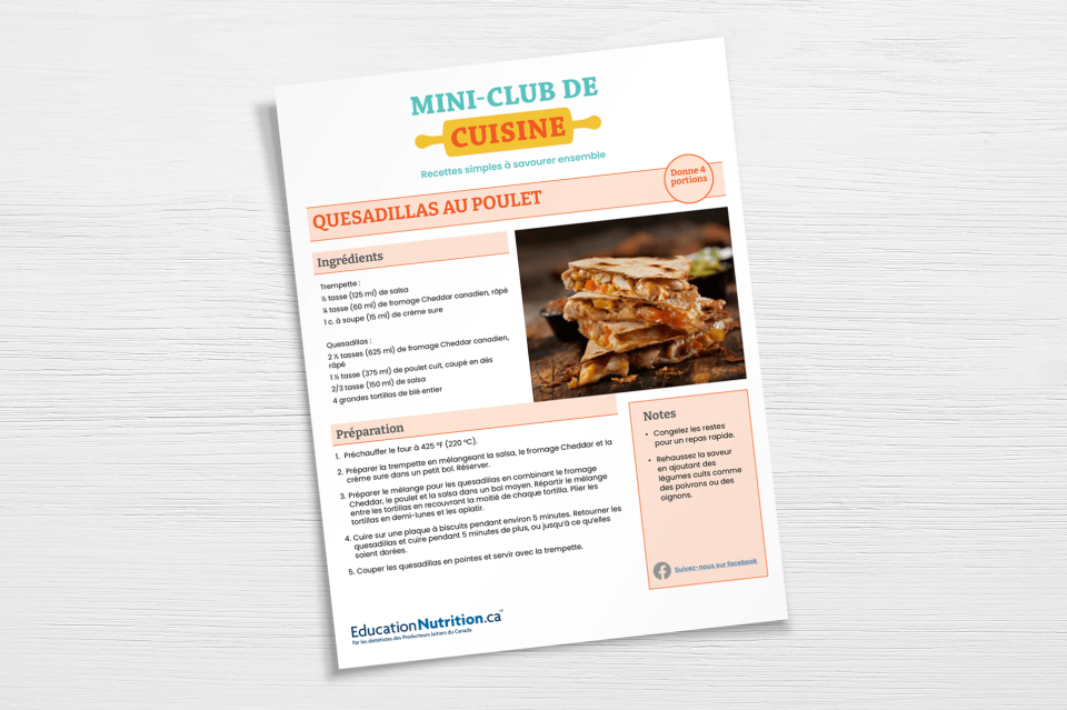 Feuille de recette pour quesadillas au poulet