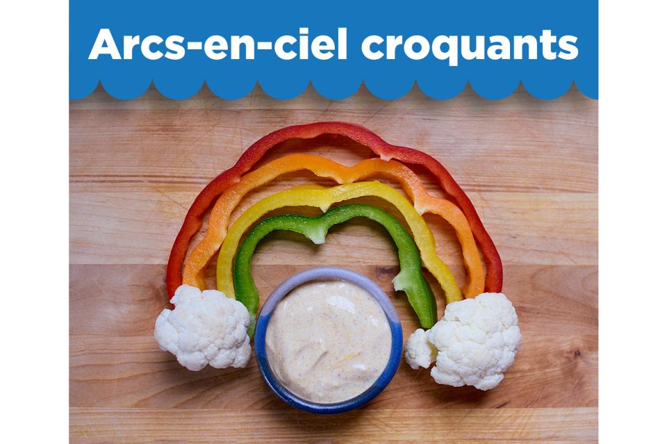 Recette Arcs-en-ciel croquants. Des lanières de poivron rouge, orange, jaune et vert disposées en forme d’arc-en-ciel avec deux fleurettes de chou-fleur à chaque bout pour former les nuages. Trempette au yogourt dans un bol au centre.