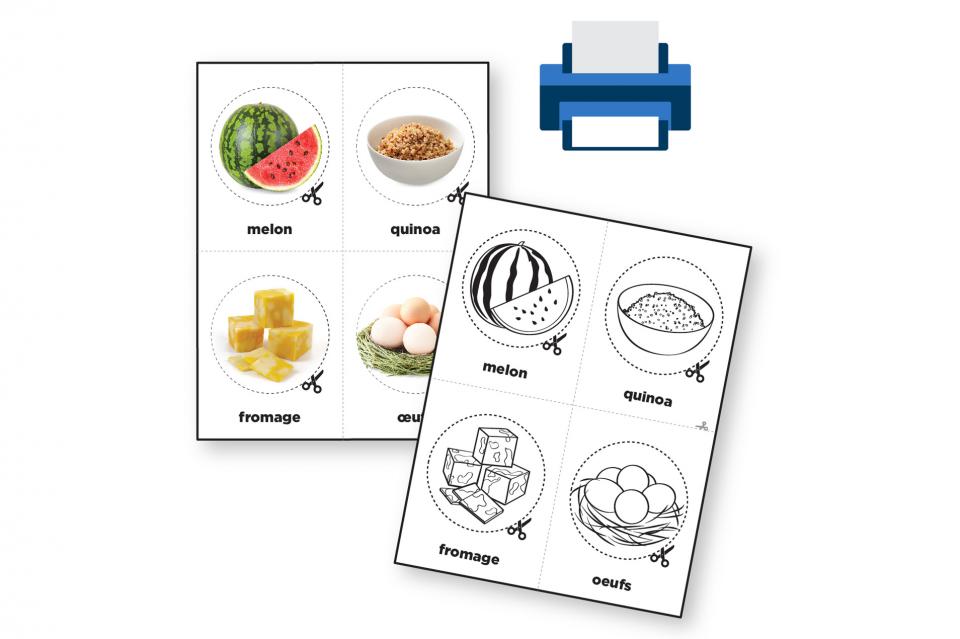 Marionnettes à tige à imprimer représentant des aliments (tomate, pain, cubes de fromage et haricots)