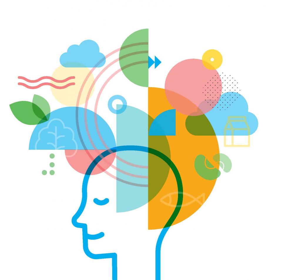 Graphic image of shape of head with abstract shapes and food images surrounding.