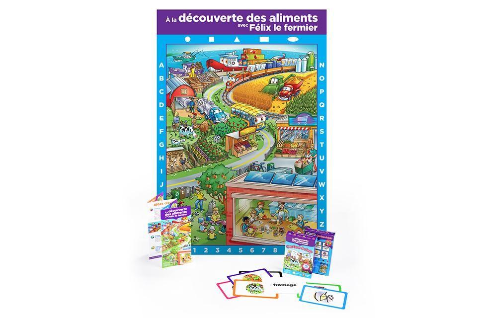 Poster with images of foods, farm animals and children