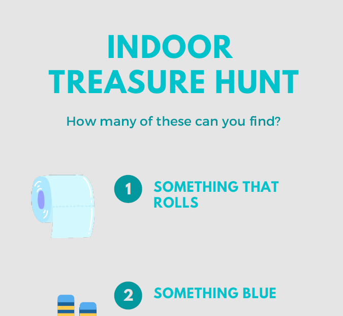 A one-page document with six treasure hunt items including both text and images.