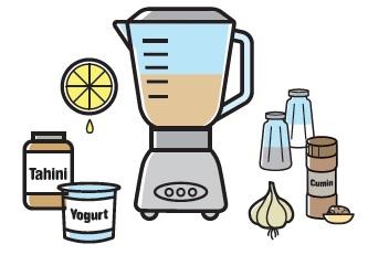 Cartoon image of blender with hummus ingredients around it.