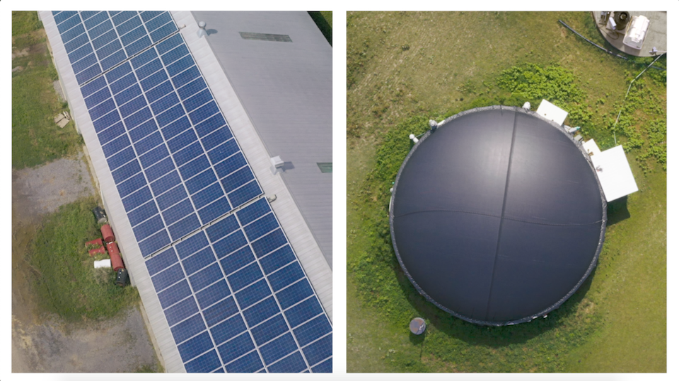 Vue aérienne de panneaux solaires et d'un biodigesteur sur une ferme laitière canadienne