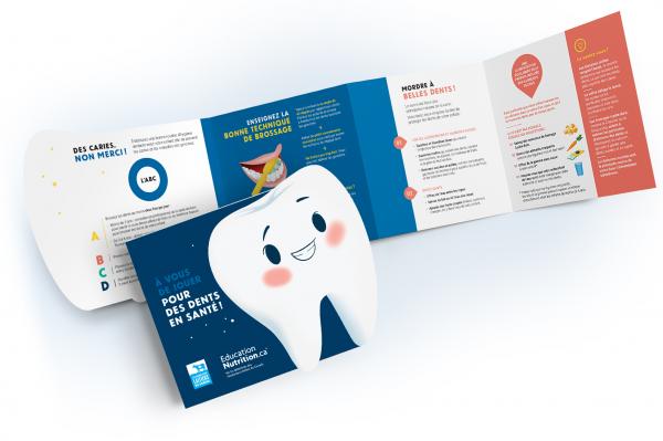Image 3D de la couverture de la brochure À vous de jouer pour des dents en santé! Une brochure éducative, captivante et gratuite, qui vous aidera à établir une bonne routine d’hygiène dentaire avec votre enfant.