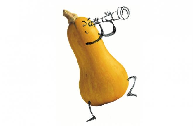 Image of squash with arms and legs drawn on to look as though it is looking through a telescope.