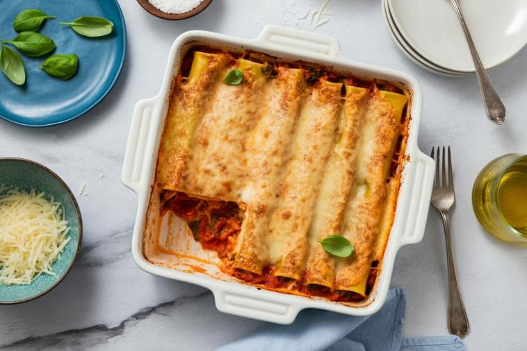 Cannellonis gratinés au fromage dans un plat blanc avec du basilic