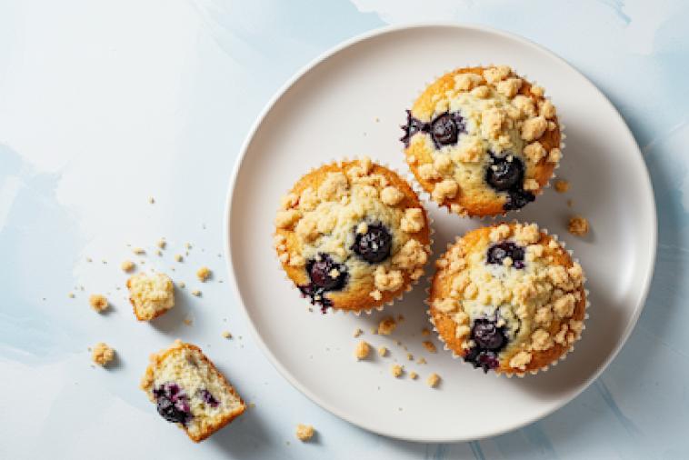 Assiette de trois muffins streusel aux bleuets
