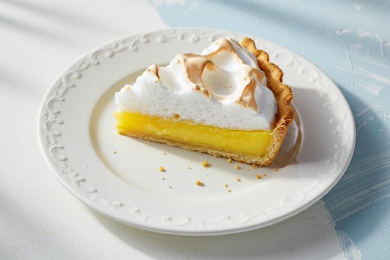 Tranche de tarte au citron et à la mélasse sur une assiette blanche