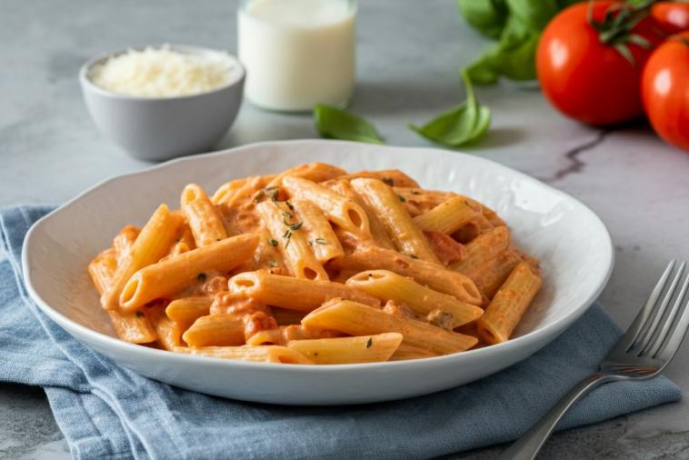 Pâtes penne crémeuses à la tomate avec filet de porc et fines herbes dans un bol.