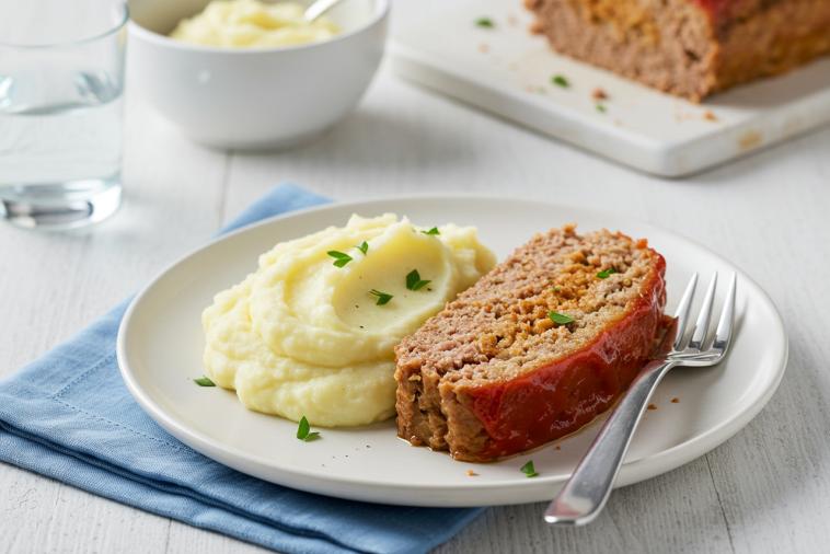 Tranche de pain de viande avec purée de pommes de terre dans une assiette