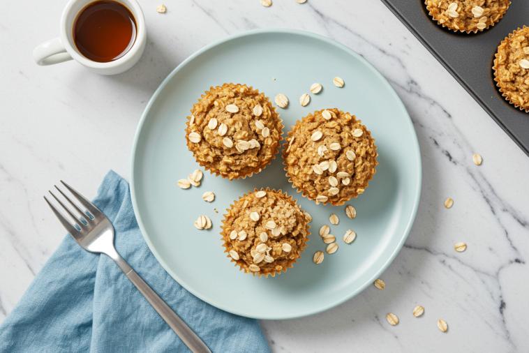 Image de haut de trois muffins à l'avoine et aux raisins secs sur une assiette