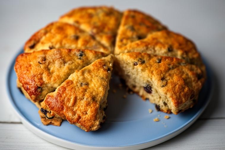 Scones aux raisins secs écossais sur une assiette
