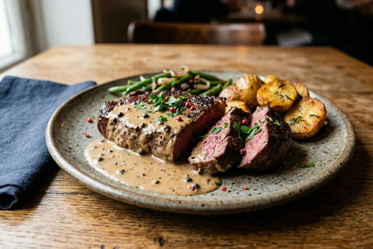 Juicy sirloin steak topped with a rich peppercorn sauce, ready to be served