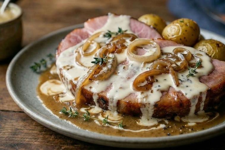 baked ham with maple caramelized onions mustard sauce
