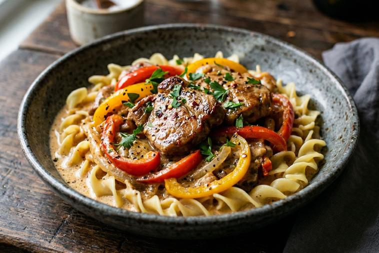 pork and sweet peppers on noodles