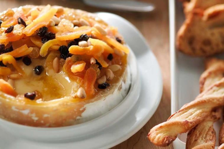 baked canadian camembert with pine nuts and apricots