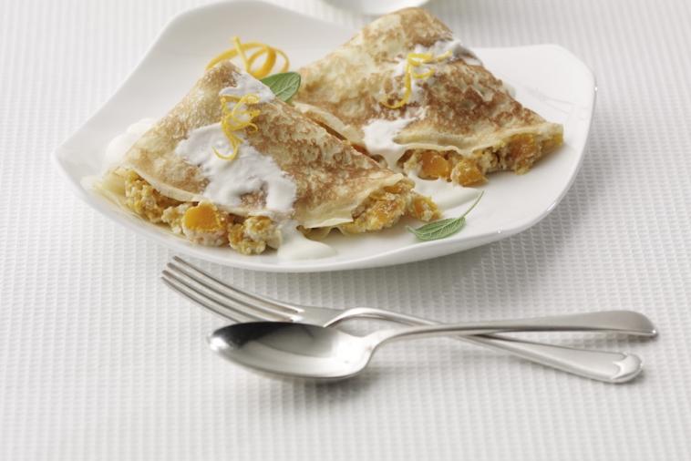 butternut squash ricotta filled crepes with maple creme fraiche