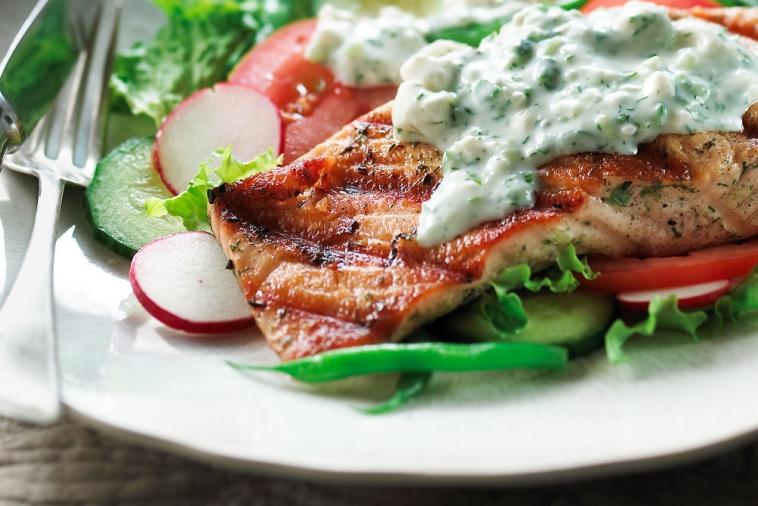 grilled salmon salad with feta dressing